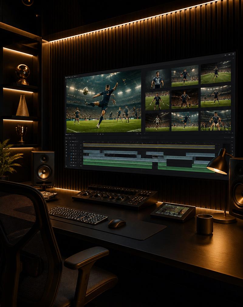 Bureau d'édition vidéo avec écran de montage football