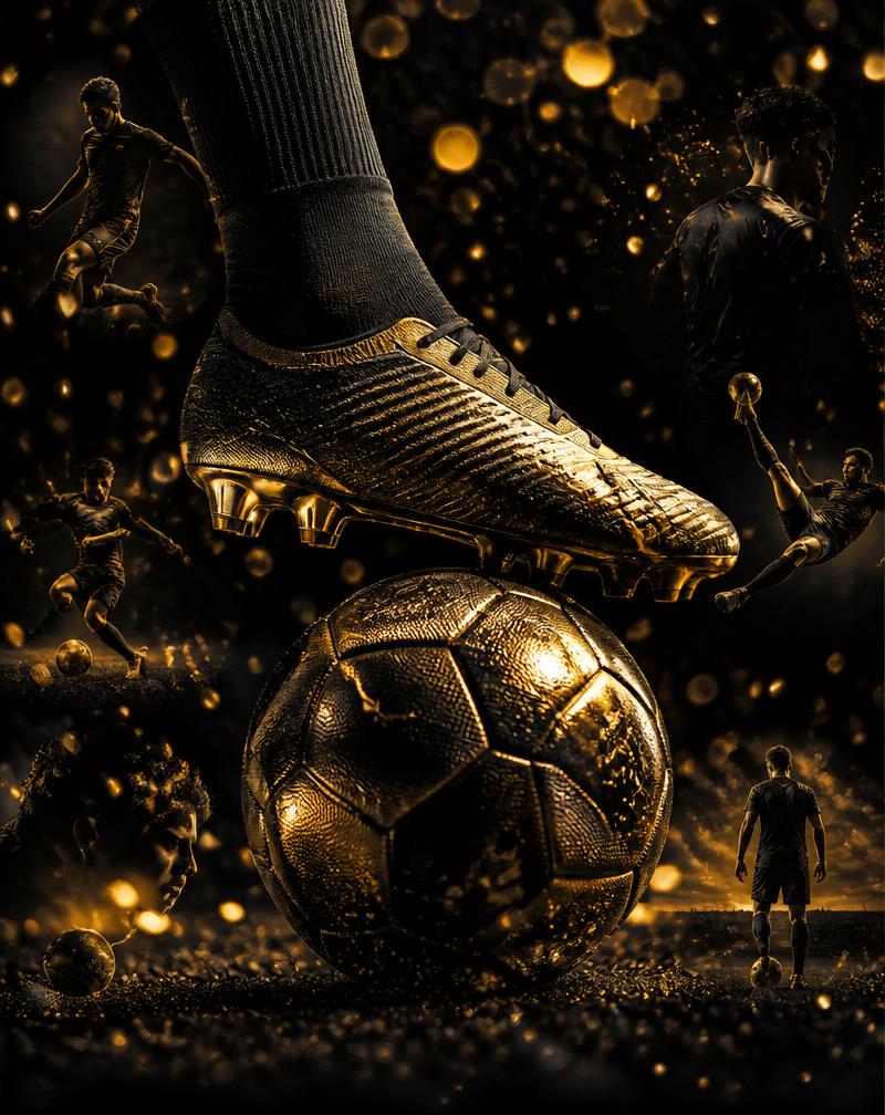 Chaussure de football dorée sur un ballon avec des étincelles