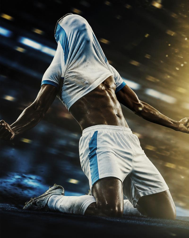 Célébration d'un joueur de football en tenue blanche et bleue